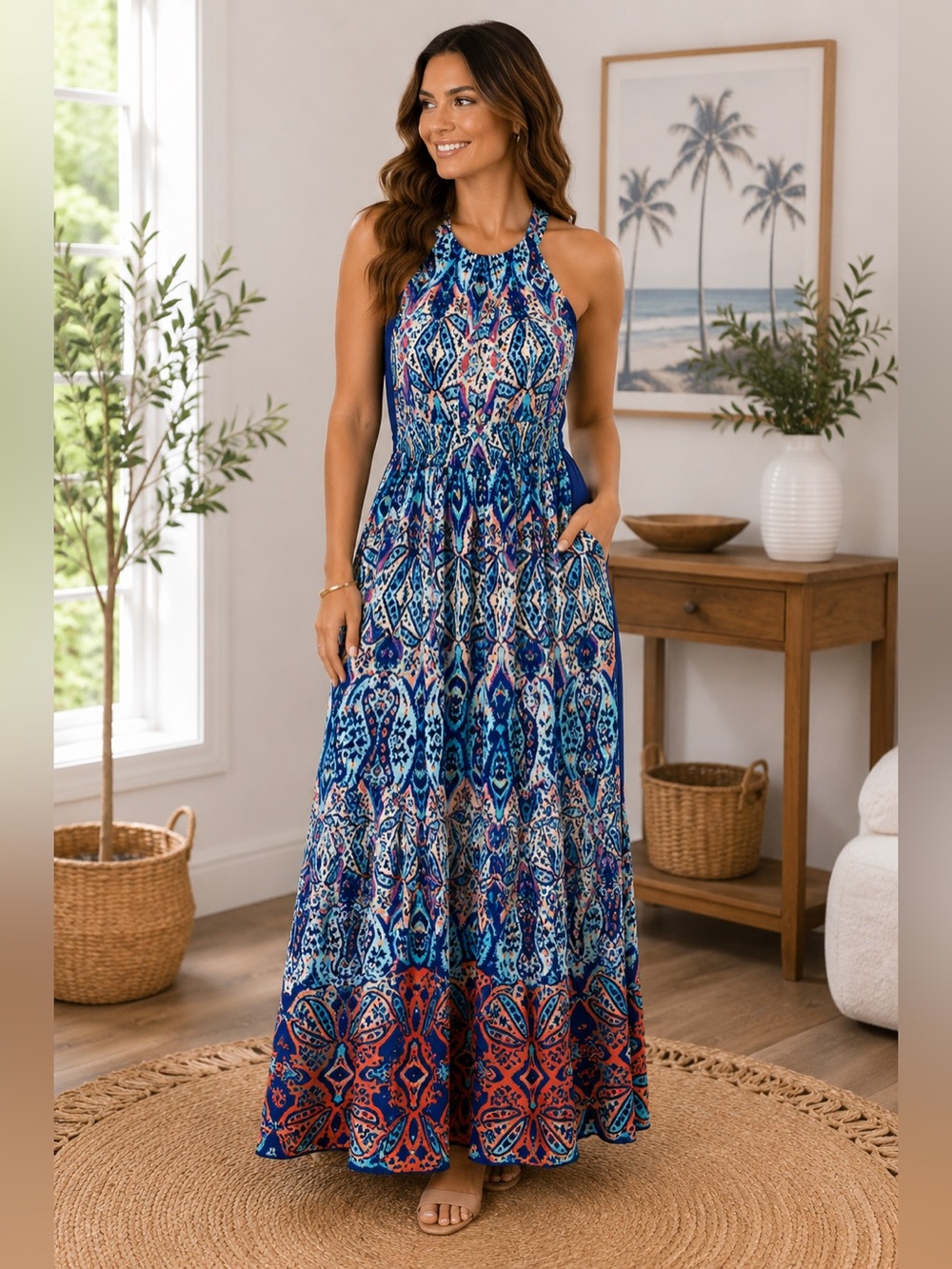 Eliza J Tioma Paisley Halter Maxi Dress Blue‎ Coral Print Open Back Size 10